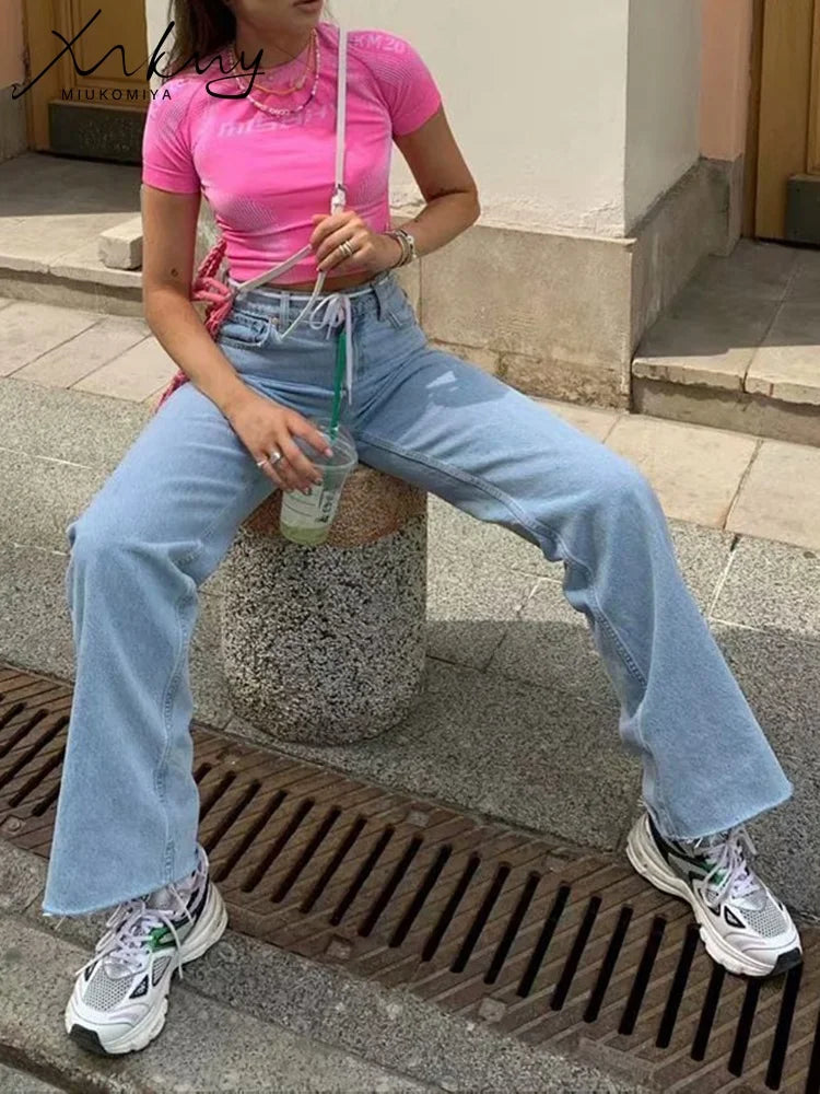 MiuKoMiYa Straight Jeans Women High Waist Streetwear Light Blue Boyfriend Denim Pants Ladies Wide Leg White Jeans For Women