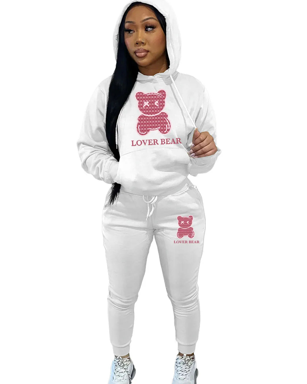 Lovely Bear Letter Print Kangaroo Pocket Tracksuit Set Long Sleeve Hoodie+Drawstring Trousers Women Two Pieces Matching Suits