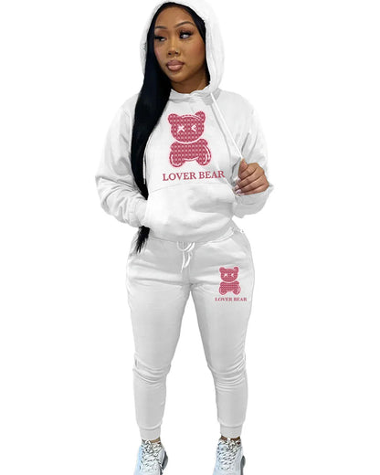 Lovely Bear Letter Print Kangaroo Pocket Tracksuit Set Long Sleeve Hoodie+Drawstring Trousers Women Two Pieces Matching Suits