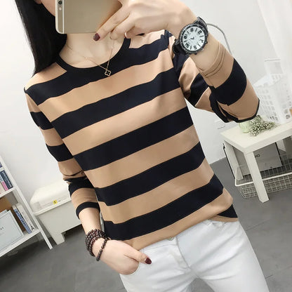 Autumn Loose Pure Cotton Long Sleeve T-shirt Women Clothing Middle-aged Mom Base Shirt Striped Top