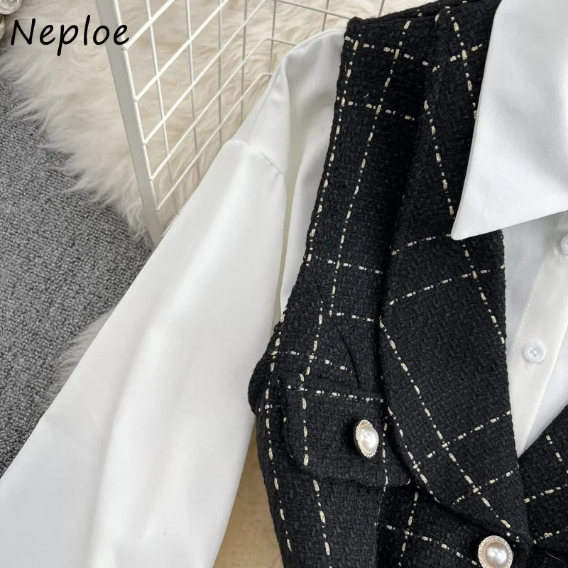 Neploe Y2k Set Women 2 Pieces Turn Down Collar Long Sleeve Single-breasted Top Suit+plaid Sleeveless Belt Slim Vest Outfits