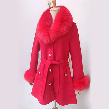 Winter Real Fox Fur Coat Women Wool Jacket With Natural Fox Fur Collar Slim Female Woolen Cashmere Outwear