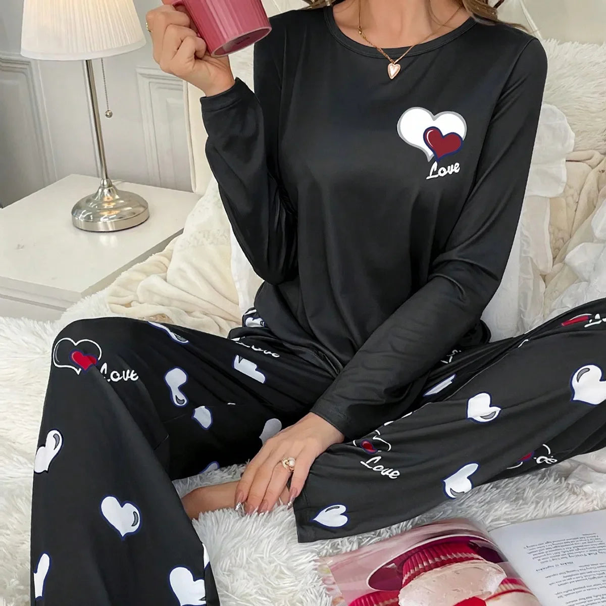 Aututmn Winter Leopard Print Pajamas for Women Heart Pattern Long Sleeve Pijamas Milk Silk O-neck Homewear Girls Sleepwear