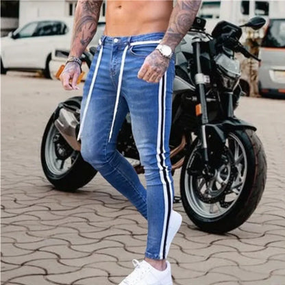 Stripes for Jeans Bike Skinny Jeans Men Stretch Denim Trousers Elastic Waist Big Size European S-4XL Casual Sandbeach Men Pants