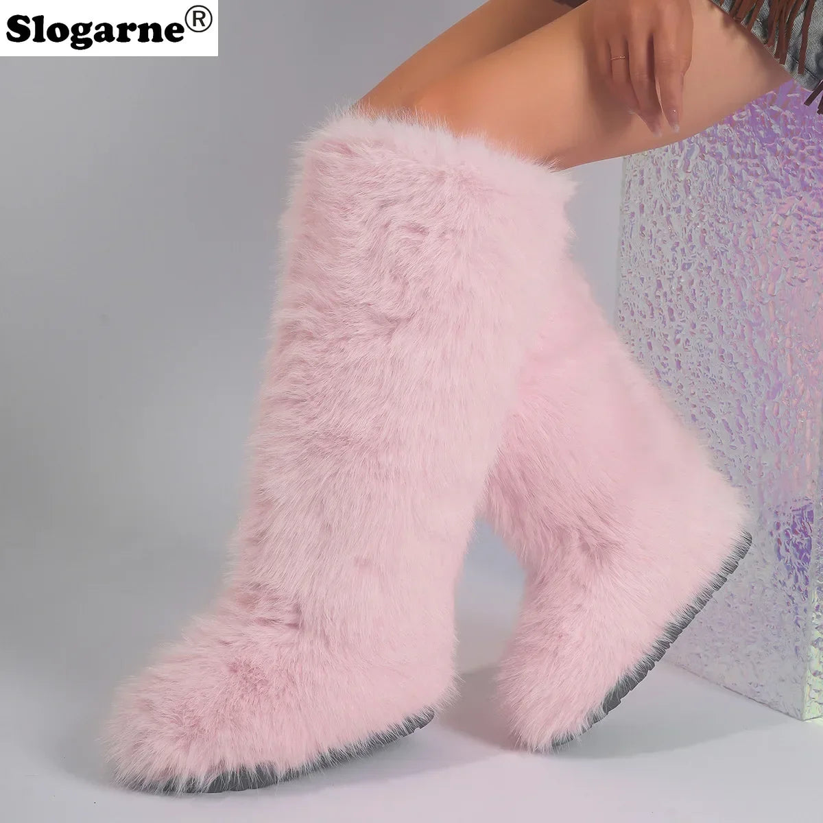 Women New Faux Fox Fur Long Boots Knee High Light Colour Fur Snow Boots Ladies Platform Push Shoes Drop Shipping Winter Shoes