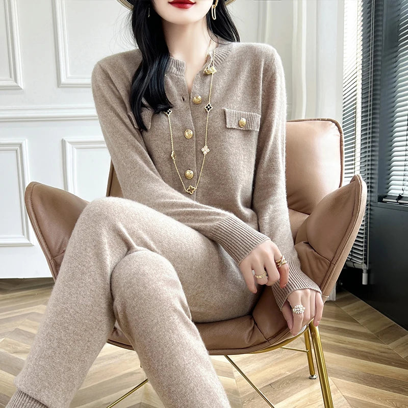 Fashion Two-piece Suit 100% Cashmere Suit Women's Round Neck Cardigan Casual Pants Autumn/Winter New Solid color Female Set