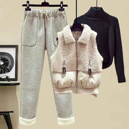 Autumn and Winter Women's Suit Lamb Wool Vest Thickened Cashmere Sweater High Waist Casual Woolen Trousers Three Piece Set