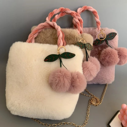 Cute Cherry Plush Bag Handbag Korean INS Autumn Winter Versatile Shoulder Bag Fashion Plush Crossbody Bag Ladies Chain Bag