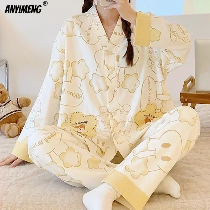 SUKAE Women Autumn Winter New Pajamas Sets Faux Cotton Sleepwear Casual Kimono Pijamas Sets Leisure Lapel Loungewear Homesuits