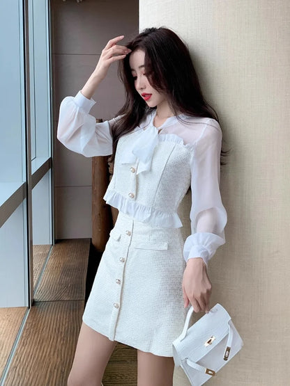 Elegant Commuter Suit Autumn New French Lace-Up Bow Chiffon Ruffle Edge Splicing Shirt+High Waist A-Line Skirt 2-Piece Set Women