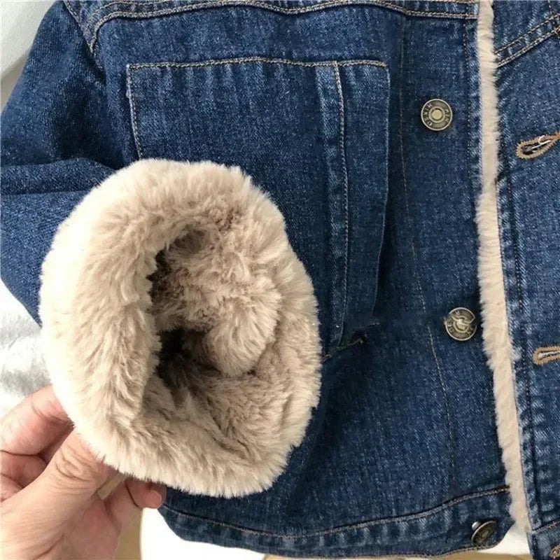 2025 Autumn Winter Children Big Boy Outerwear Coat Fleece Thicken Warm Toddler Boys Denim Jacket Kids Girls Parkas 2-11 Yrs