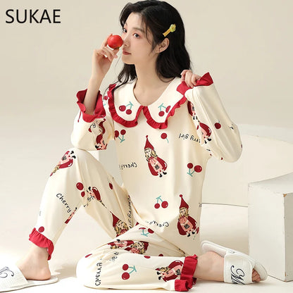 SUKAE M-5XL Big Size Women Pajama Set Autumn Winter New Cotton Long Sleeves Woman Sleepwear Casual Girl Pijama Cartoon Nightwear