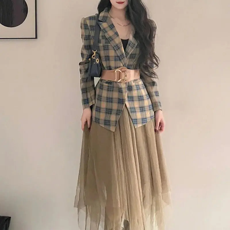 Romantic Tea Break Suit Jacket Small Fragrance Style Suit Plaid Princess Half Skirt Light Mature Imperial Sister Two-piece Set