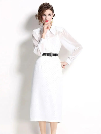 Quality Autumn White Rhinestone Two Piece Set Women Loose Chiffon Shirt Blouse Shinny Bodycon Pencil Maxi Skirt Suit 2pcs Outfit