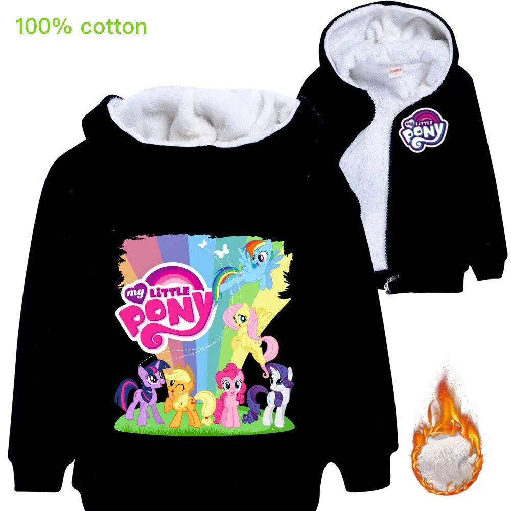 Little Pony Unicorn Winter Hooded Sweater Warm Zipper Jacket for Kids Boy Girl