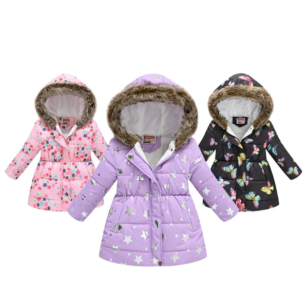 Autumn Winter Girls Jacket Keep Warm Fur Collar Fashion Prints Little Princess Coat Hooded Zipper Girls Outerwear Kids Clothes