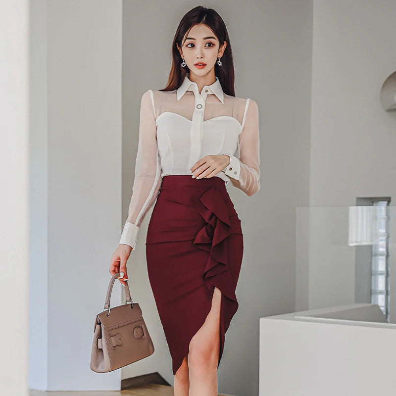 New Fashion Runway Fall Skirt Suit Women's White Blouse And Pencil Skirt 2 Two Pieces Set