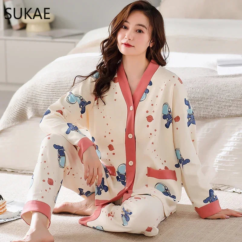 SUKAE New M-5XL Autumn Winter New Cotton Women Pajamas Lady Loungewear Kimono Cardigan Long Sleeves V-neck Homesuit