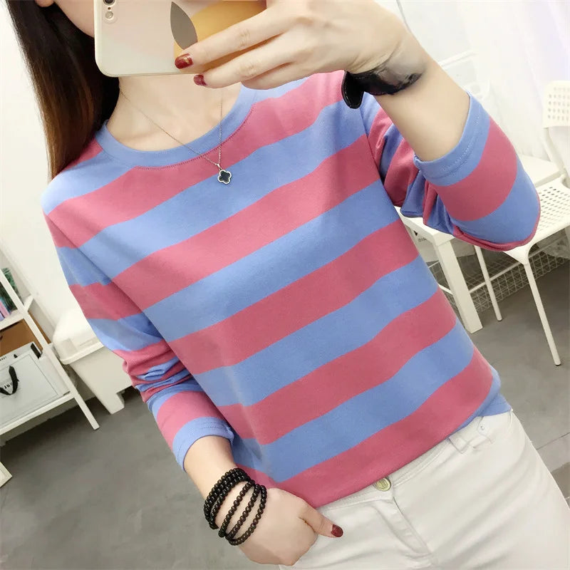 Autumn Loose Pure Cotton Long Sleeve T-shirt Women Clothing Middle-aged Mom Base Shirt Striped Top