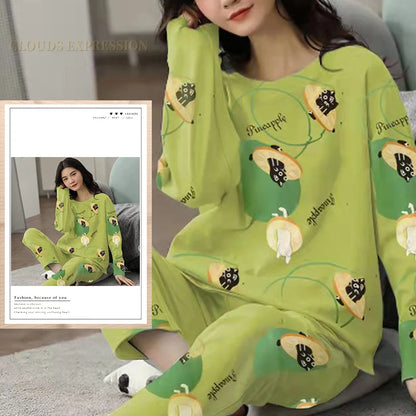 Spring Autumn Size 5XL Women Polyester Pajamas Dots Sleepwear Long-sleeved Homewear Sets Womens Cartoon Nightwear Casual Pijamas