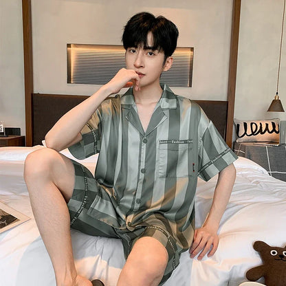 6XL Plus Size Summer Men Pijama Sets Loose Sleepwear Pyjama Male Adult Korean Loungewear Ice Silk Stripe Men’s Homewear  Pijamas