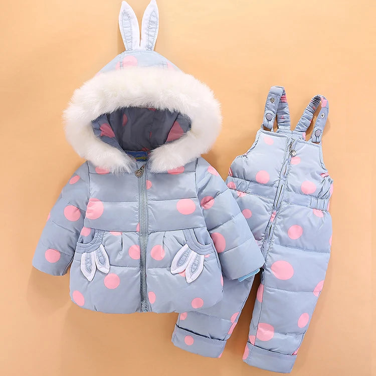 OLEKID 2024 Baby Girls Winter Down Snowsuit Cartoon Rabbit Jacket Coat Overalls Infant Girls Clothes Set 1-4 Years Toddler Suit