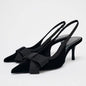 TRAF Women’s Black Bow High Heels Sexy Pointed Slim Heel Slingback Sandals Pumps 2025 Summer Elegant Party Woman Heeled Shoes