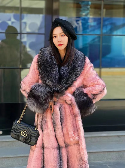 Luxury Real genuine natural rabbit fur coat with fox fur collar fox fur cuff women's fashion