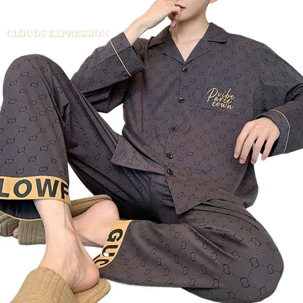 Spring Autunm Plus 5XL Knitted Pjs Turn-down Men‘s Pajama Sets Cardigan Male Pyjamas Plaid Loungewear Sleepwear Homewear Fashion