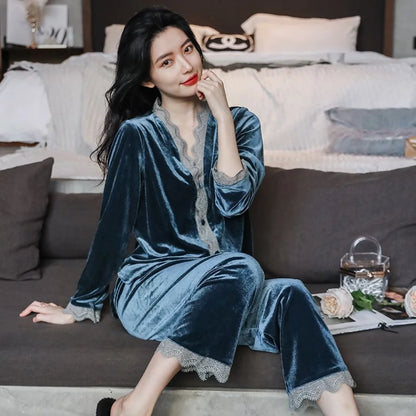 Womens Velvet Pajamas Set Long Sleeve Button Up Sleepwear Soft 2 Piece Loungewear Pj Set Lace Ruffles Autumn Winter Spring