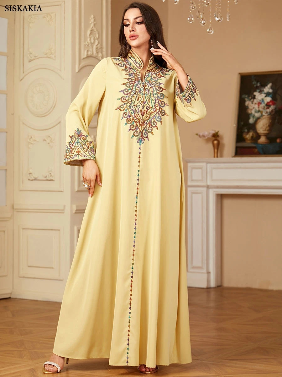 Siskakia Embroidery V-Neck Long Dress Dubai Arab Abaya For Muslim Woman Loose Moroccan Saudi Ethnic Jalabiya