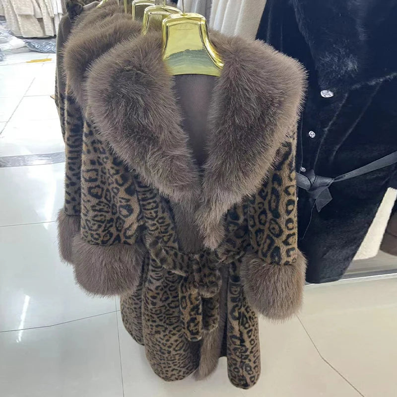 Vintage  Faux Fox Coat Women Luxury Fur Collar  Long Sleeve Oversize With Belt Female Warm Jacket Winter  Lady Plush Top