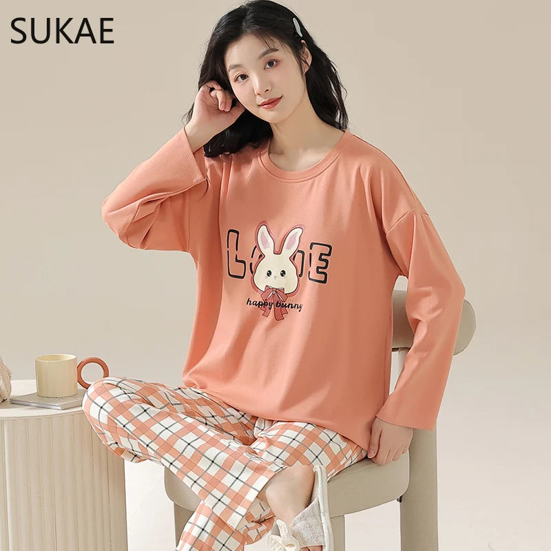 SUKAE M-5XL Big Size Women Pajama Set Autumn Winter New Cotton Long Sleeves Woman Sleepwear Casual Girl Pijama Cartoon Nightwear