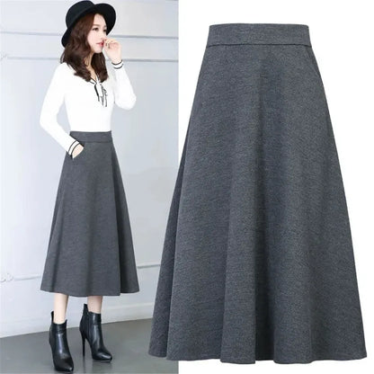 Winter Women Long Woolen Skirt Fashion High Waist Mom Basic Wool Skirt Female Casual Thick Warm Black Elastic A-Line Maxi Skirts