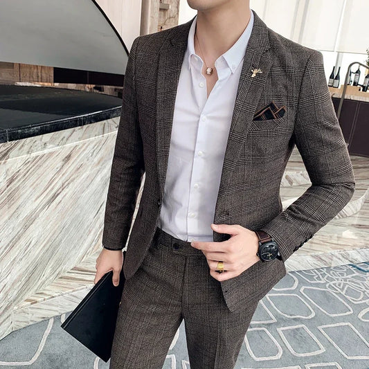 Blazer + Pants High-end Brand Formal Business Plaid Mens Suit Groom Wedding Dress Solid Color Stage Performance Tuxedo