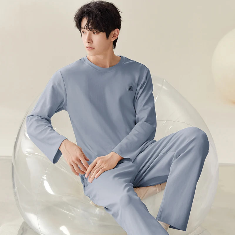 Men Pajamas Solid Color Casual Long Sleeves Long Pants Autumn Winter Simple Sleepwear Cozy Pijamas Soft Pyjamas Boys Nighty Male