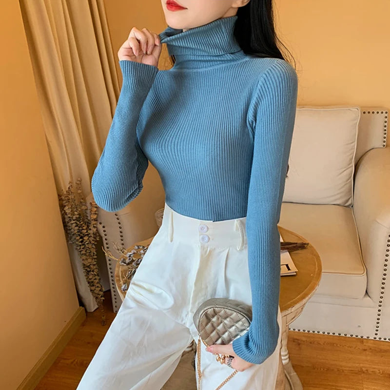 Autumn Winter Women Long Sleeve Knitted Foldover Turtleneck Ribbed Pull Sweater Soft Warm Femme Jumper Pullover Clothes