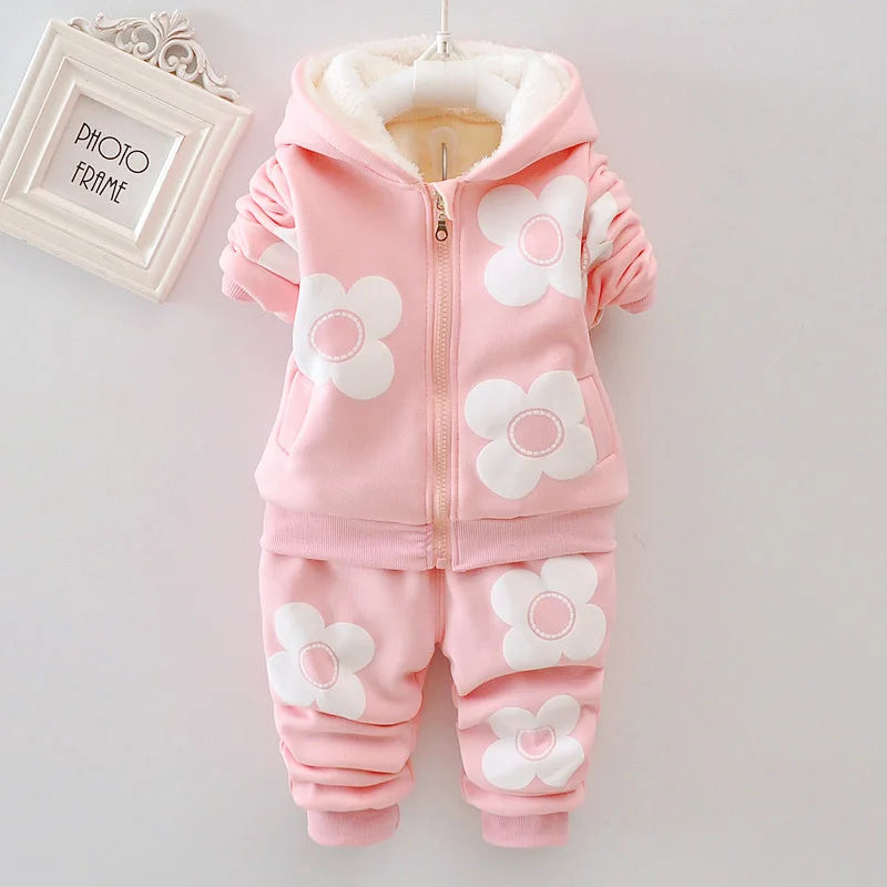 1 2 3 4 5 Years Winter Baby Girls Clothing Sets Flowers Keep Warm Thicken Jacket And Pants Little Princess Suits Kids Clothes