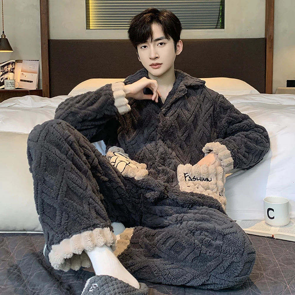 Antistatic Coral Fleece Men's Winter Pajamas Set Thicken Flannel Warm Sleepwear Big Size 3XL Zipper Soft Pajama Men pyjama homme