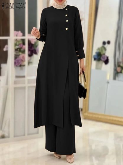 Women Autumn Matching Sets Fashion Long Sleeve Shirt OL Wide Leg Pant Suit ZANZEA Muslim Dubai Hijab Tracksuits Two Pieces Sets