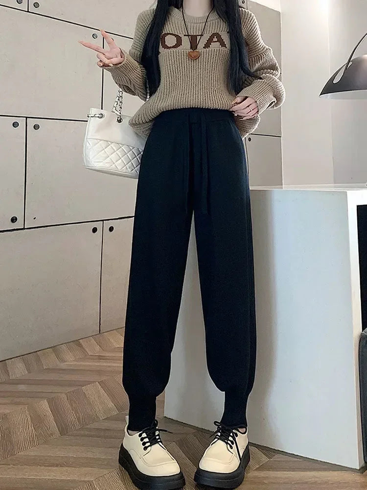 Wool Women Casual Haem Pants Loose Trousers for Women Knitted Pants Autumn Winter Solid Color Sweater Trousers with Pockets