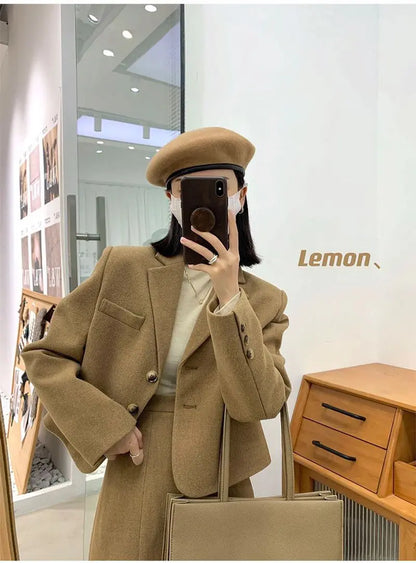 Woolen Suit Women Short Woolen Coat and Skirt Autumn Winter New Retro Korean Fashion Solid Temperament Two-piece Sets Trend