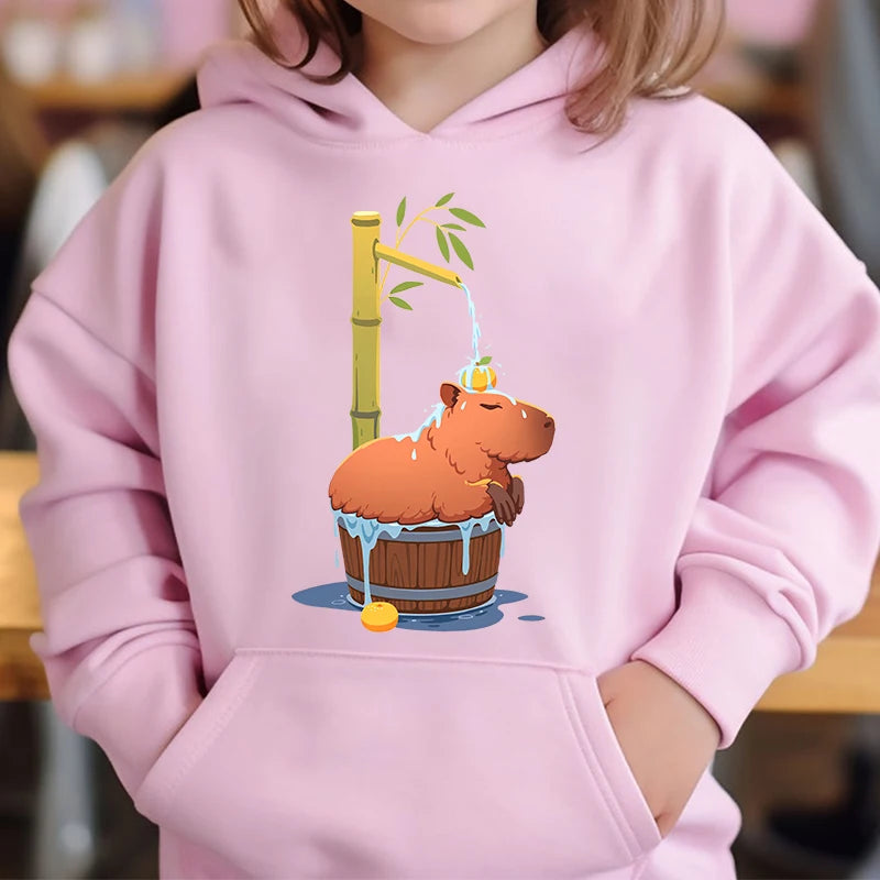 Cute Capybara Loves Bubble Tea kids hoodie pink plus velvet sweater autumn and winter tops for girls