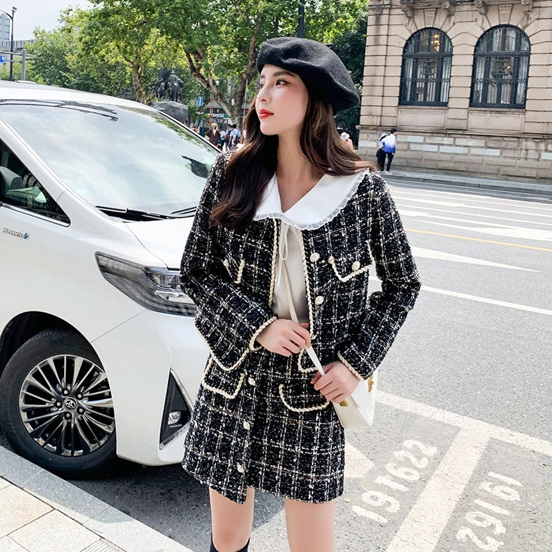 New Runway Tweed Suit Women Pearls Bottons Plaid Short Jacket Coat + Split Mini Skirts Vintage Wool Cashmere Two Piece Set