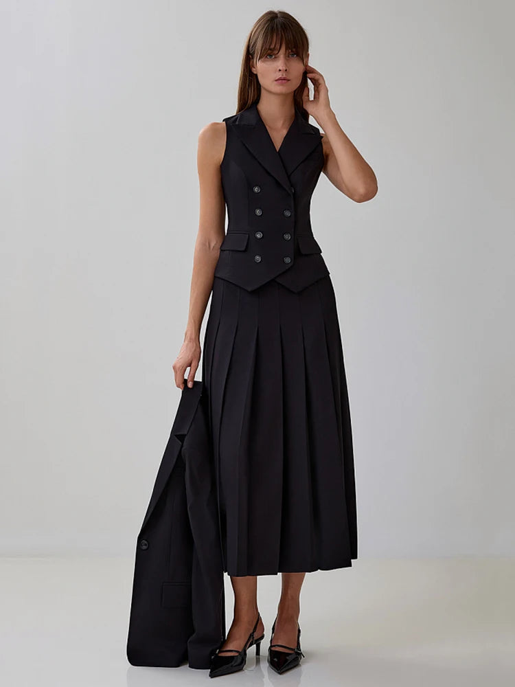 Mozision Autumn Two Piece Sets Women Double-breasted Vest And Split Skirt Matching Sets Fashion Long Pleated Skirt Two Piece Set