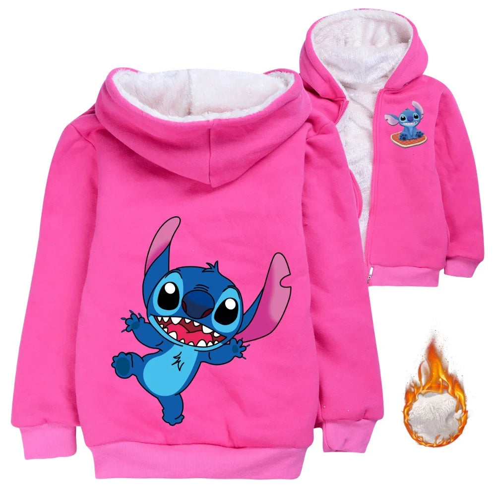 Kid Baby Boy Girl Coat Autumn Winter Long Sleeve Plush Hoodies Cartoon Stitch Print Children Sweatshirt Clothes Thick Top Outfit