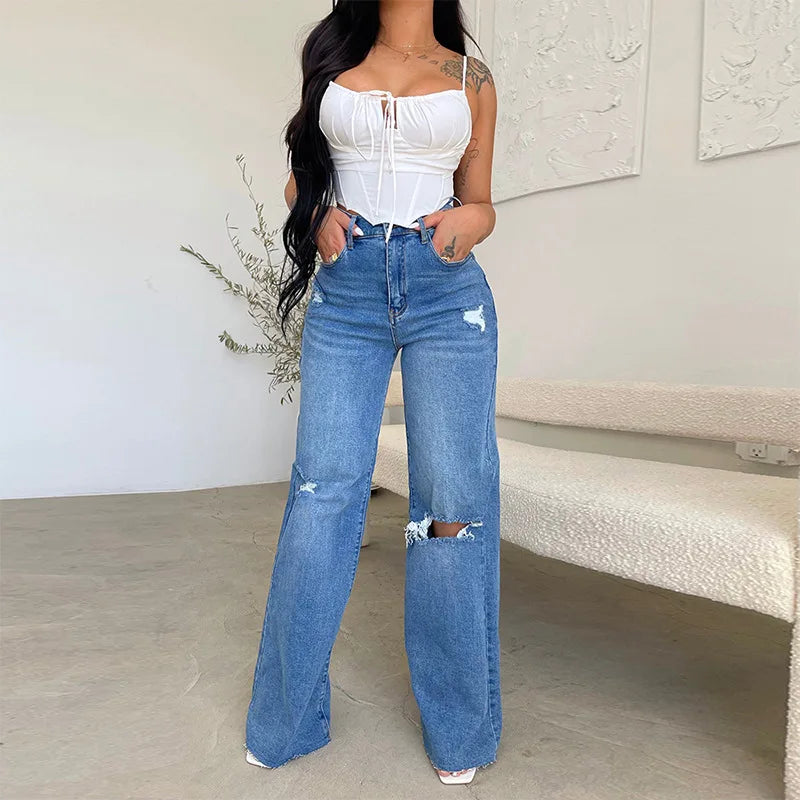 Women Jeans Wide Leg Pants Denim High Waist Zipper Fly Washing Holes Pockets High Street Ankle Length Flash Spring