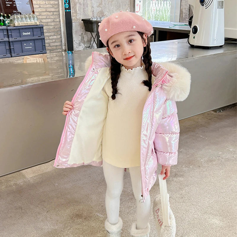 New Winter Girls Jacket Cute Wings Keep Warm Fur Collar Little Princess Coat Hooded Zipper Parka Snowsuit Windproof Outerwear