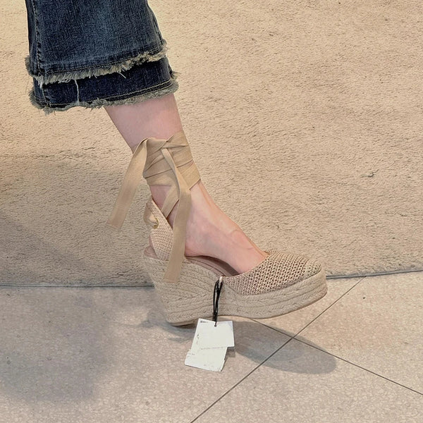 Wedges Platform Sandals Espadrilles Ankle Lace Up Round Toe Hollow Vintage Holidays Shoes Slingback Unique Women Summer Footwear