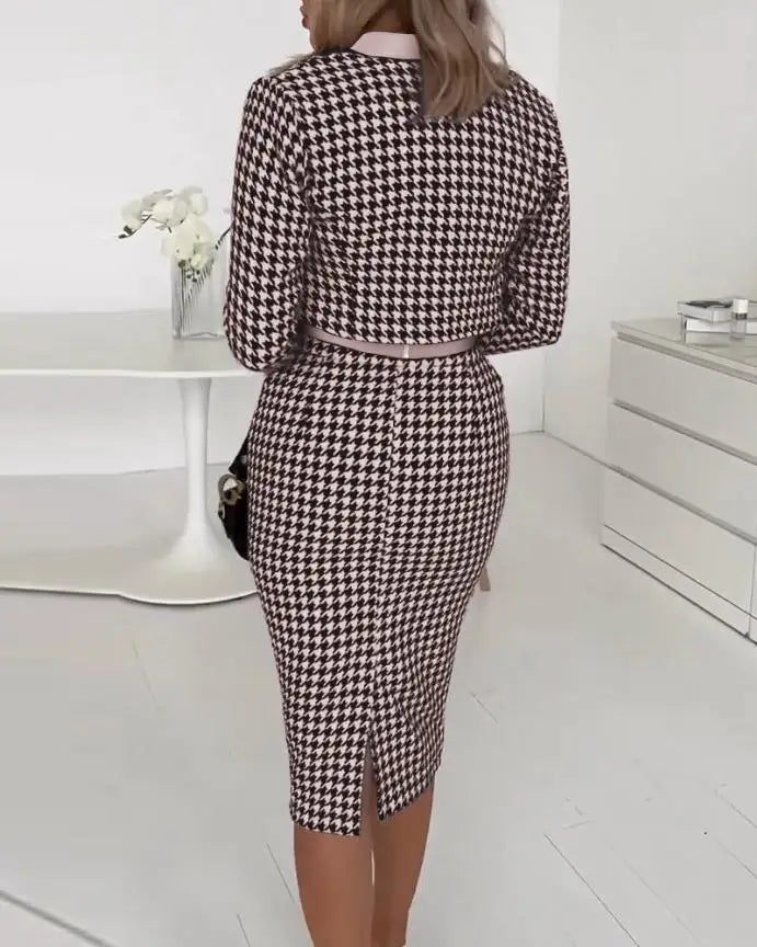 3 Two Piece Set For Women Autumn Winter Spaghetti Top And Skirt Sets Elegant Office Houndstooth Print Dress With Coat Suit